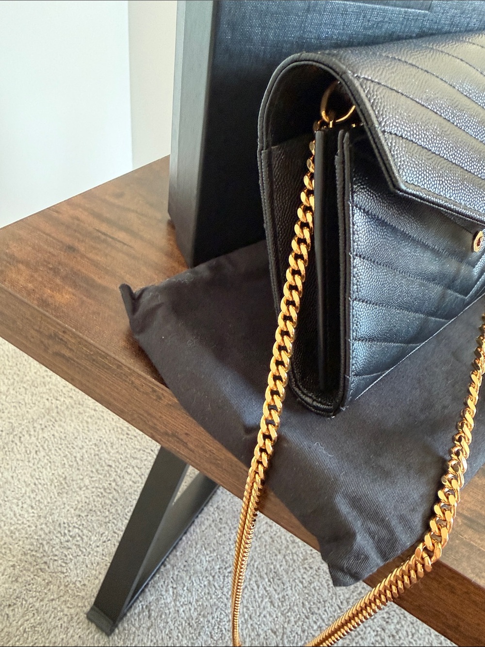 Saint Laurent Black Quilted Leather Envelope Crossbody with Gold YSL Chain - Picture 3 of 7